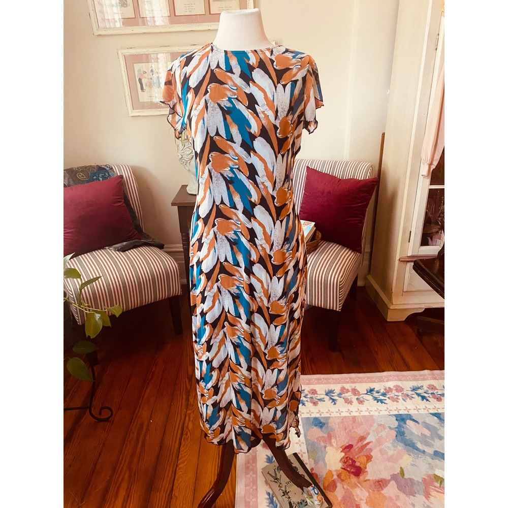 Ember dress med Brushstroke Flutter Sleeve Midi Rust Teal Blue Slit Mesh Overlay - Picture 2 of 7